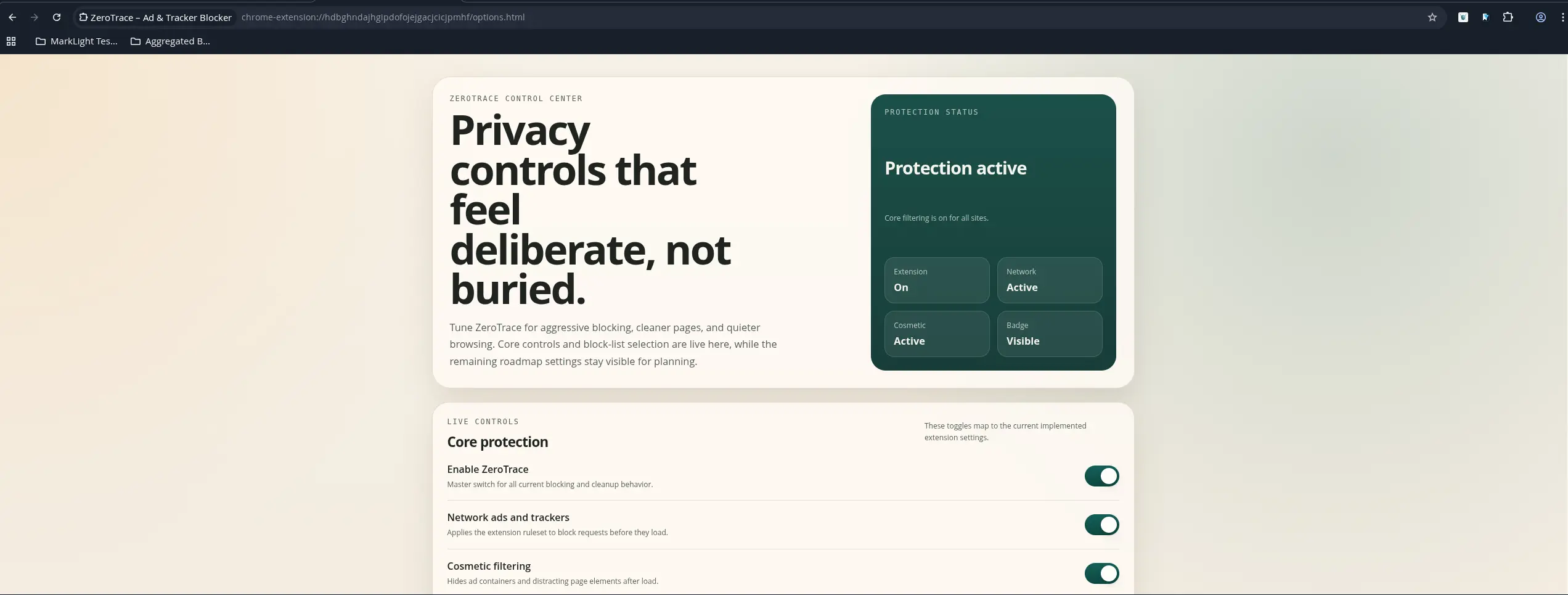 ZeroTrace popup controls